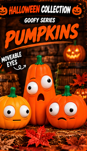 Halloween-themed product display featuring three cartoon-style orange pumpkins with large googly eyes and movable eyes, arranged on a rustic wooden surface with autumn leaves and barrels in the background. Text at the top reads 'HALLOWEEN COLLECTION', 'GOOFY SERIES', and 'PUMPKINS'.