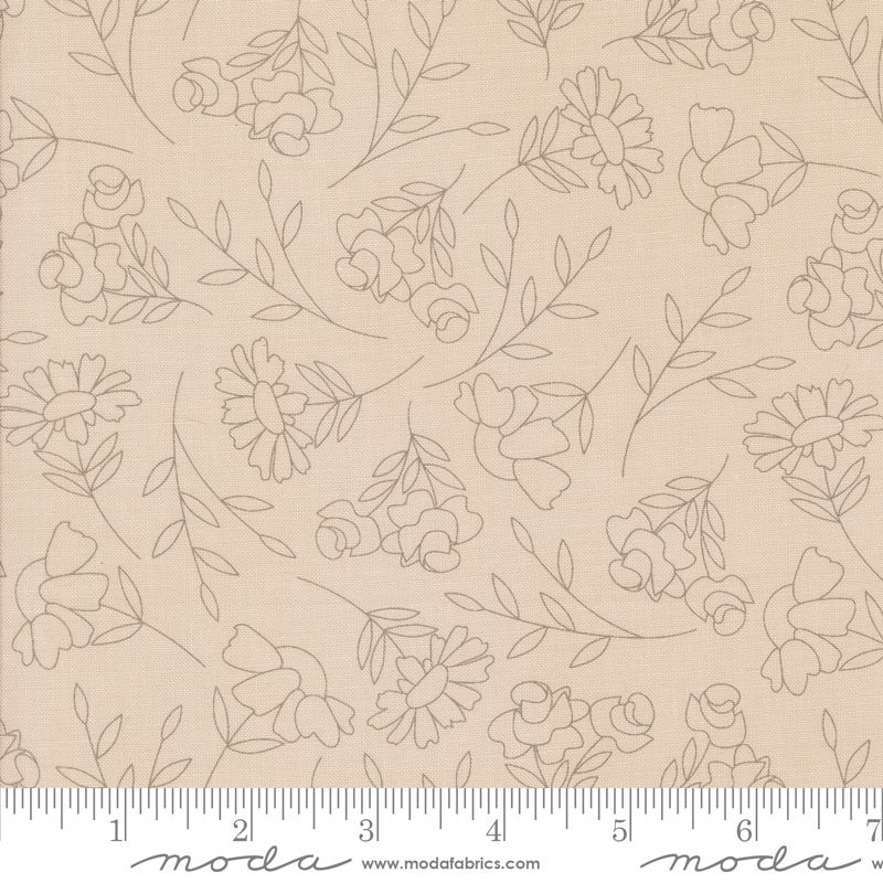 Beige fabric with a delicate grey floral line pattern, shown flat with a measuring ruler at the bottom indicating the 12-inch repeat.