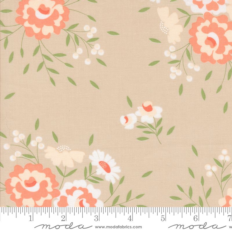 A fabric pattern swatch featuring a beige background with a retro floral print of coral, white, and cream flowers with green leaves. A white ruler at the bottom shows the scale of the pattern.