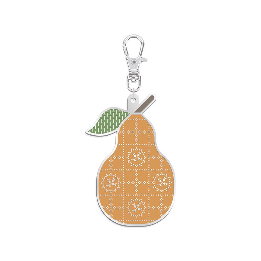 Keychain shaped like a pear with a patterned design on a white background