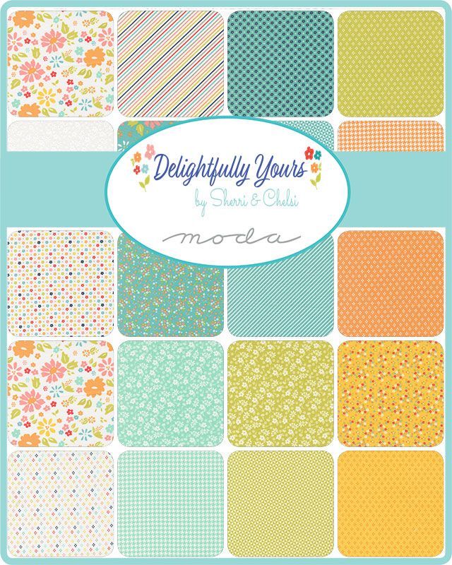 Collection of fabric swatches with 'Delightfully Yours by Sheree & Chelle' and 'Moda' branding.