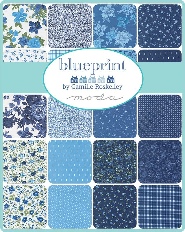 Collection of blue fabric swatches with 'blueprint' by Camille Roskelley Moda label.