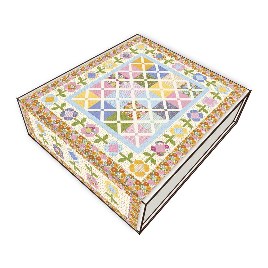 A square decorative box with a colorful quilted patchwork design on the lid and sides, shown at an angle on a plain white background.