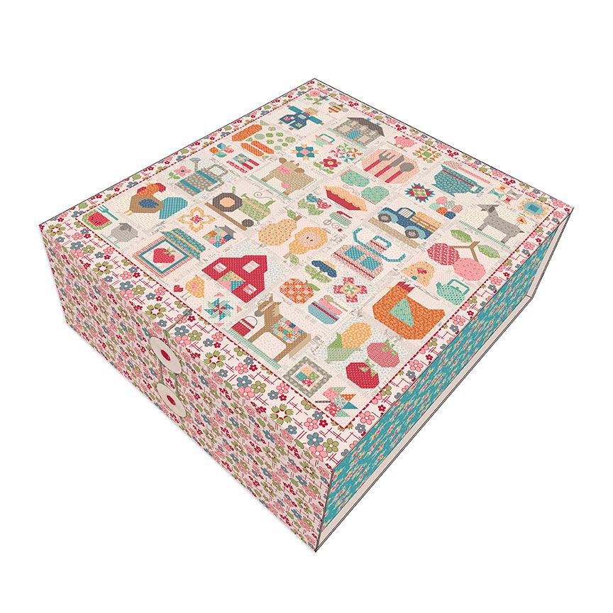 Decorative box with colorful farm-related squares on a white background
