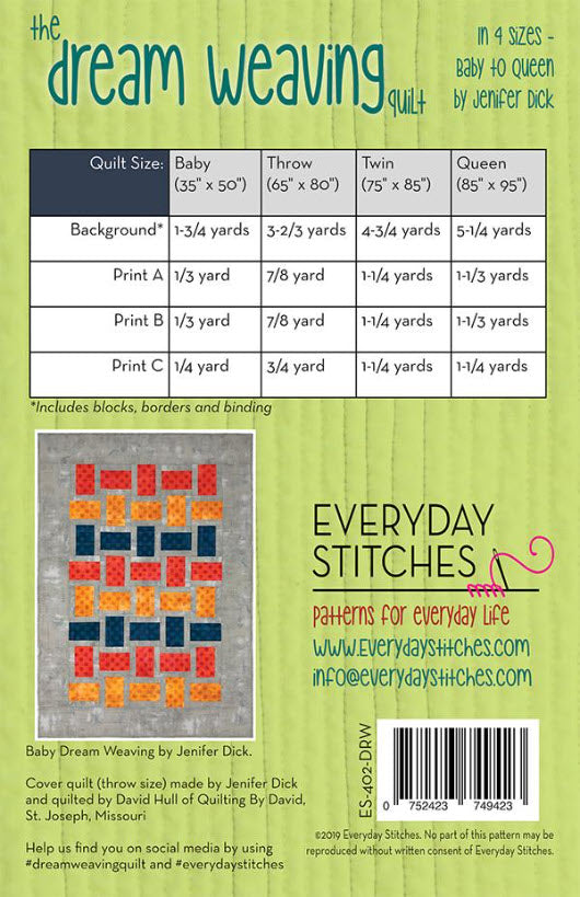 Pattern back cover for 'The Dream Weaving Quilt' by Everyday Stitches, featuring a green quilted background, a size comparison chart, a sample quilt design, and a barcode.