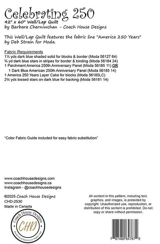 Back of a quilt pattern packaging with fabric requirements and design details.