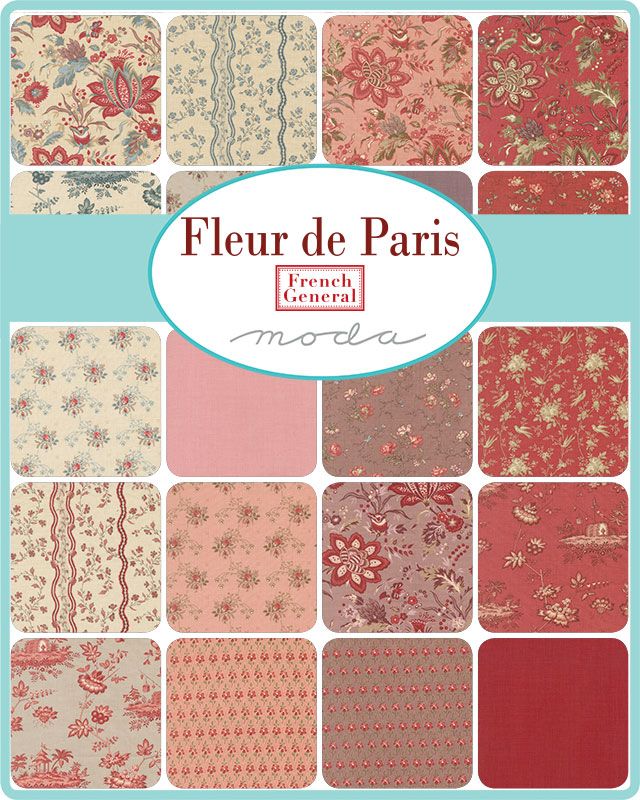 Collection of floral and patterned fabric swatches with 'Fleur de Paris' branding.