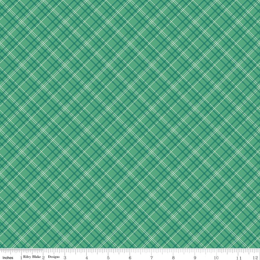 A close-up of a fabric pattern showing a green and white diagonal plaid design, with a ruler at the bottom indicating scale.