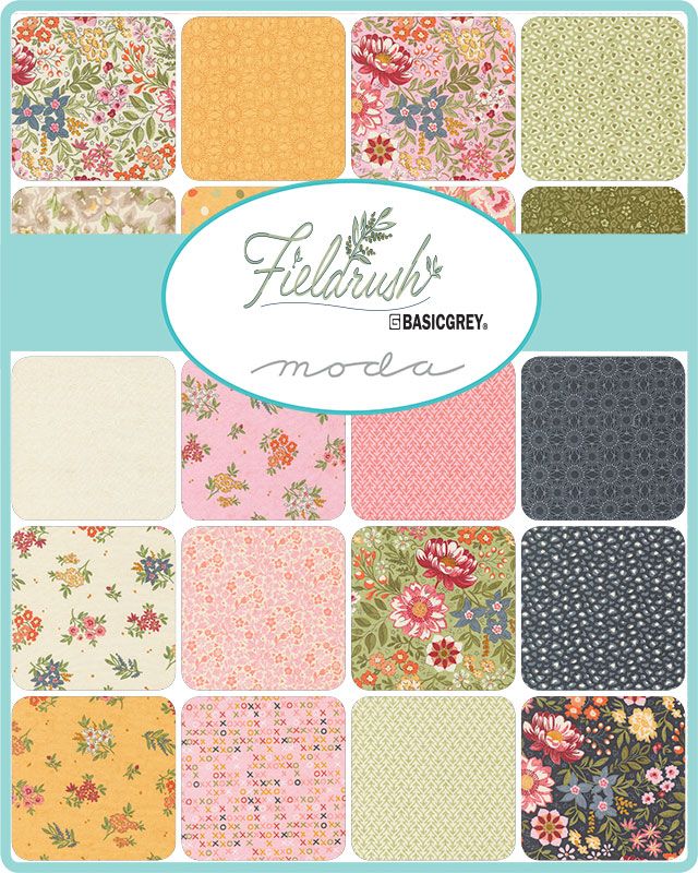 Collection of fabric swatches with floral and geometric patterns, featuring the Fieldrush and BasicGrey logos.