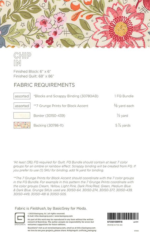 Back of Chip In pattern with fabric requirements label for a quilt project with floral design at the top.