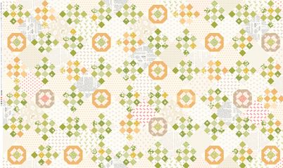 A repeating quilted fabric pattern featuring geometric blocks in shades of green, orange, pink, and gray on a cream background.