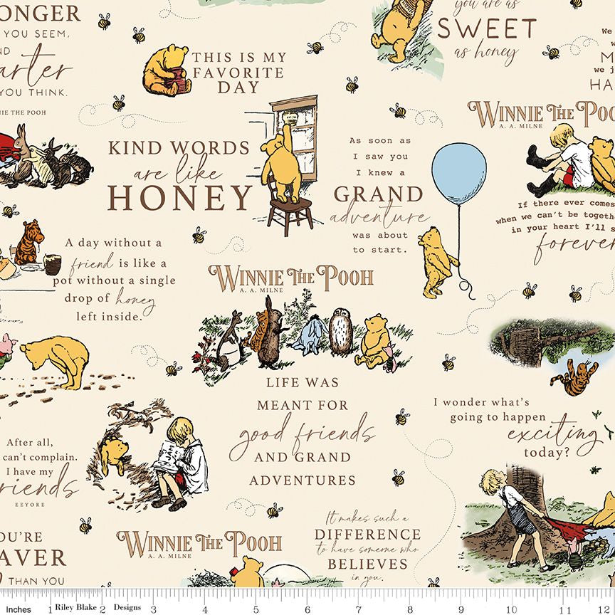 Winnie the Pooh fabric with characters and text on a cream background