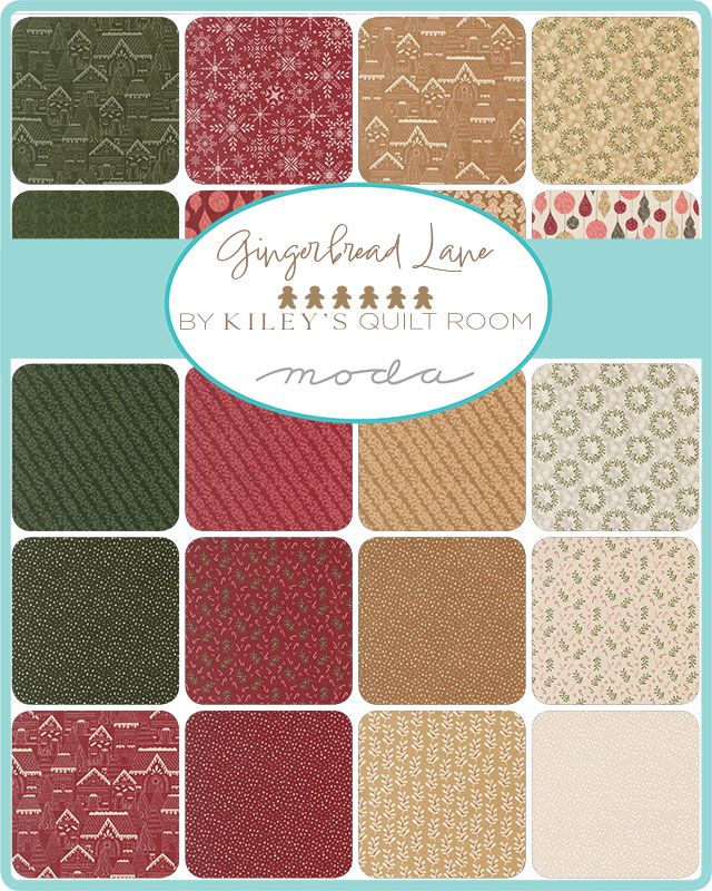 Collection of fabric swatches with 'Gingerbread Lane' by Kiley's Quilt Room Moda label.