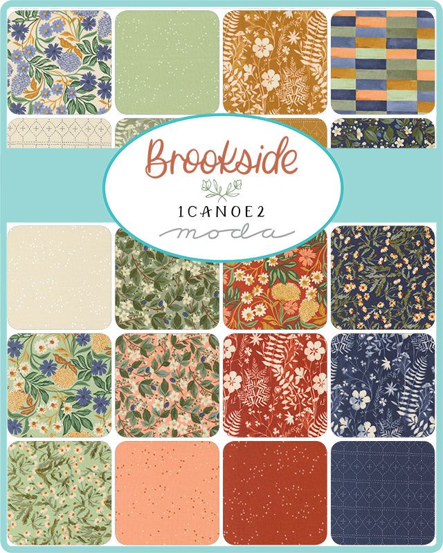 Collection of fabric swatches with 'Brookside' branding from Moda Fabrics.