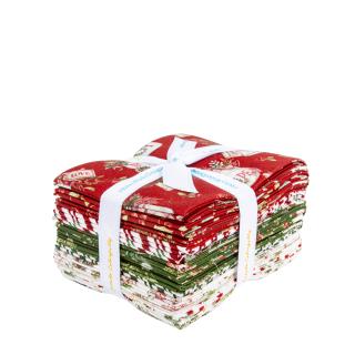 Stack of red, green, and white fabric squares tied with white ribbon on a white background