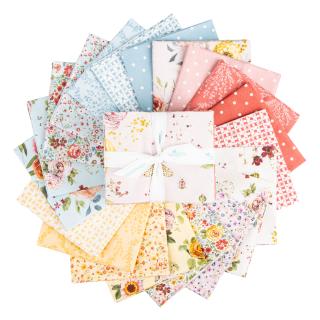 A stack of folded fabric pieces in assorted pastel floral and patterned designs, arranged in a circular stack with a central folded piece tied with a white ribbon, on a plain white background.