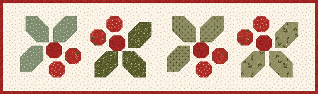 A quilted table runner design featuring four stylized holly berry motifs with olive green and red patterned sections on a cream background with a red border.