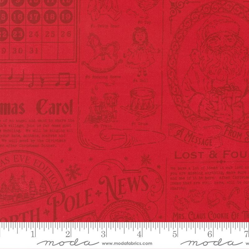 Red fabric with a vintage Christmas collage print featuring Santa Claus, 'The Christmas Carol' text, musical notes, and a measuring ruler along the bottom showing the pattern scale. The Modabrics brand watermark is visible at the bottom.