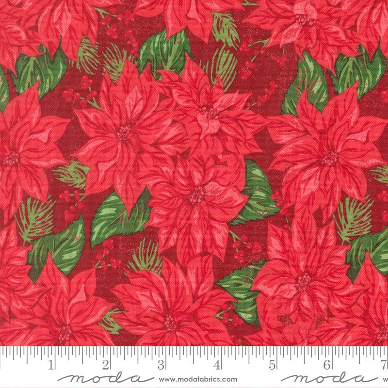Red poinsettia floral fabric pattern with green leaves on a red background, featuring Moda label.
