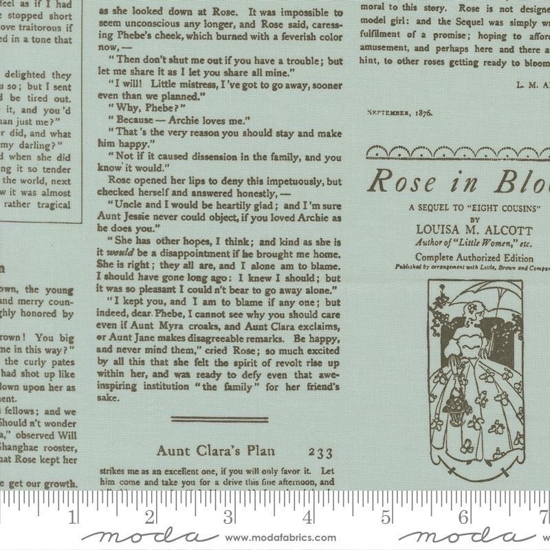 Fabric swatch with a vintage page showing dense printed text and a decorative title block and a small website watermark near the bottom.