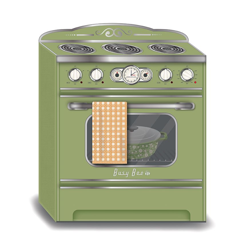 Green vintage-style oven box with a towel hanging on the door handle on a white background
