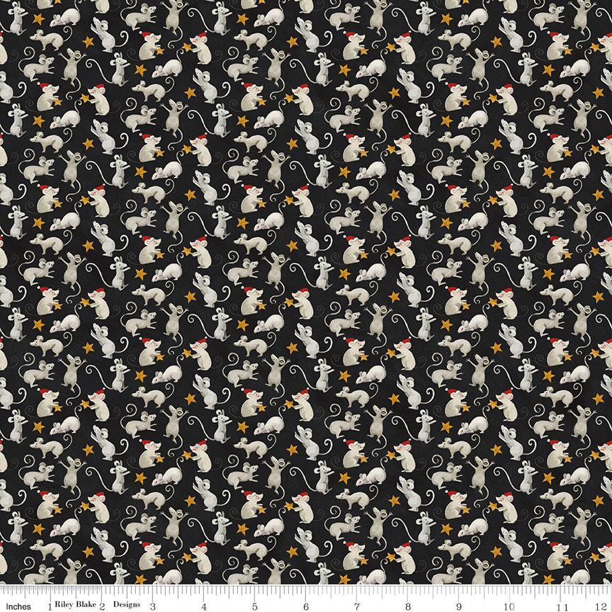 A repeating fabric pattern featuring white mice wearing red bowties and yellow stars on a black background, with a ruler along the bottom edge showing scale.
