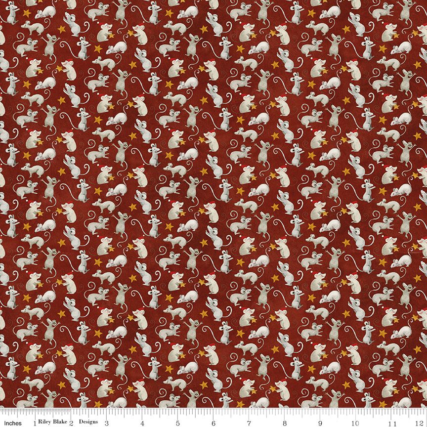 A repeating fabric pattern featuring white mice and small gold stars on a dark red background, with a ruler strip along the bottom edge showing measurements.