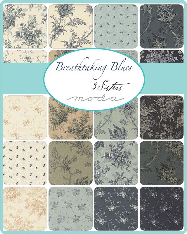 Collection of floral and abstract patterns in blue and gray on a teal background with 'Moda' branding.