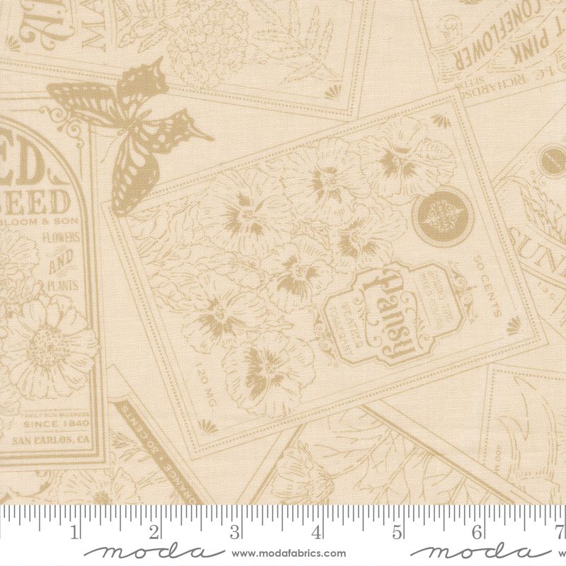 Cream fabric with vintage-style print and Moda label