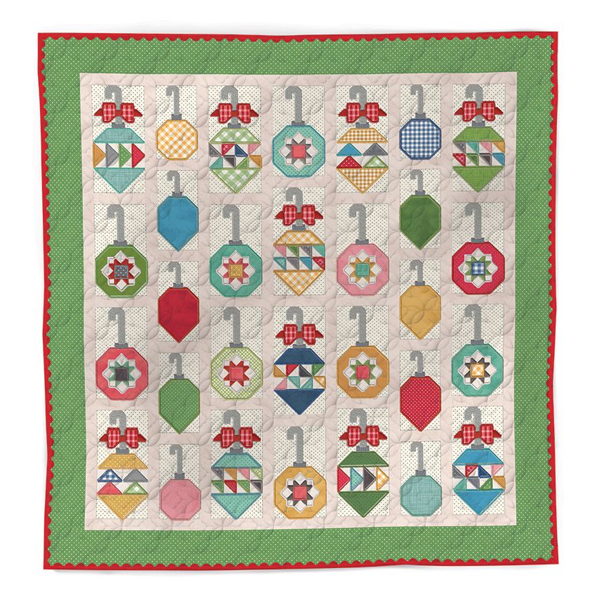 Decorating the Tree Quilt with colorful Christmas tree ornaments on a white background.