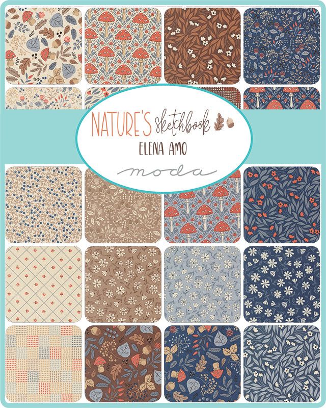 Collection of fabric patterns with 'Moda' branding on a blue background