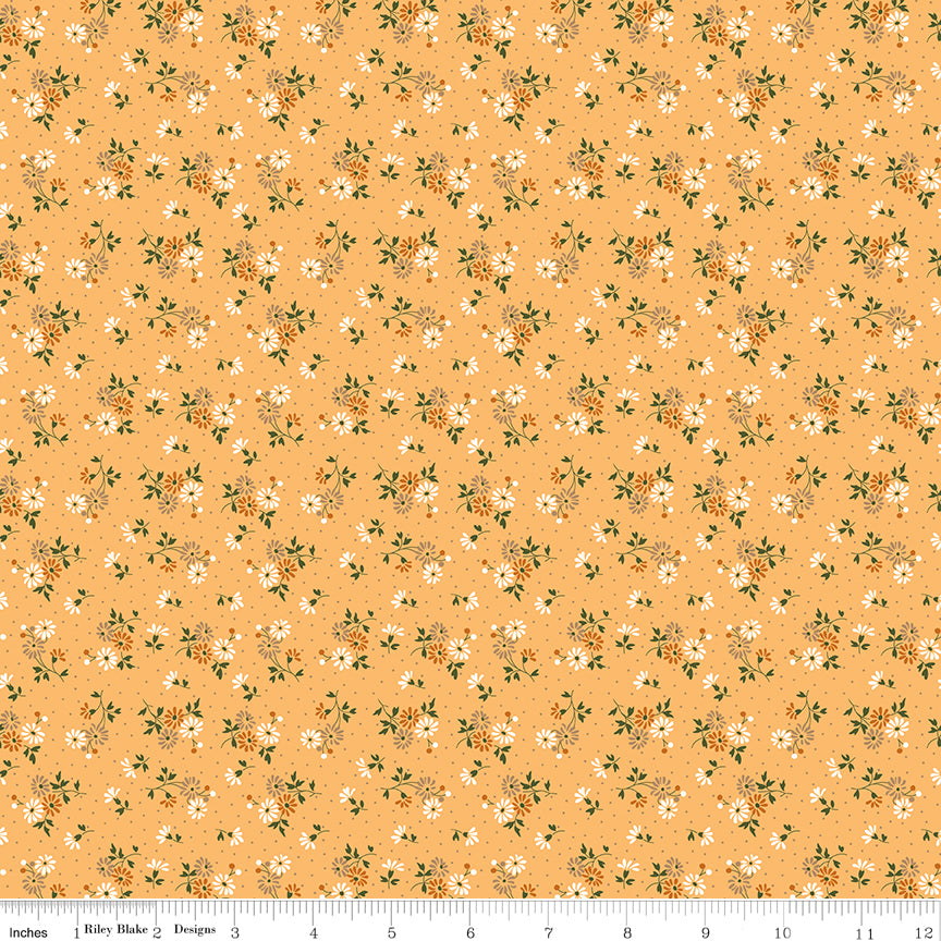 Baked With Love Blessings Marigold fabric by Lori Holt for Riley Blake Designs — floral sprigs on a yellow pin dot background, 100% cotton quilting fabric