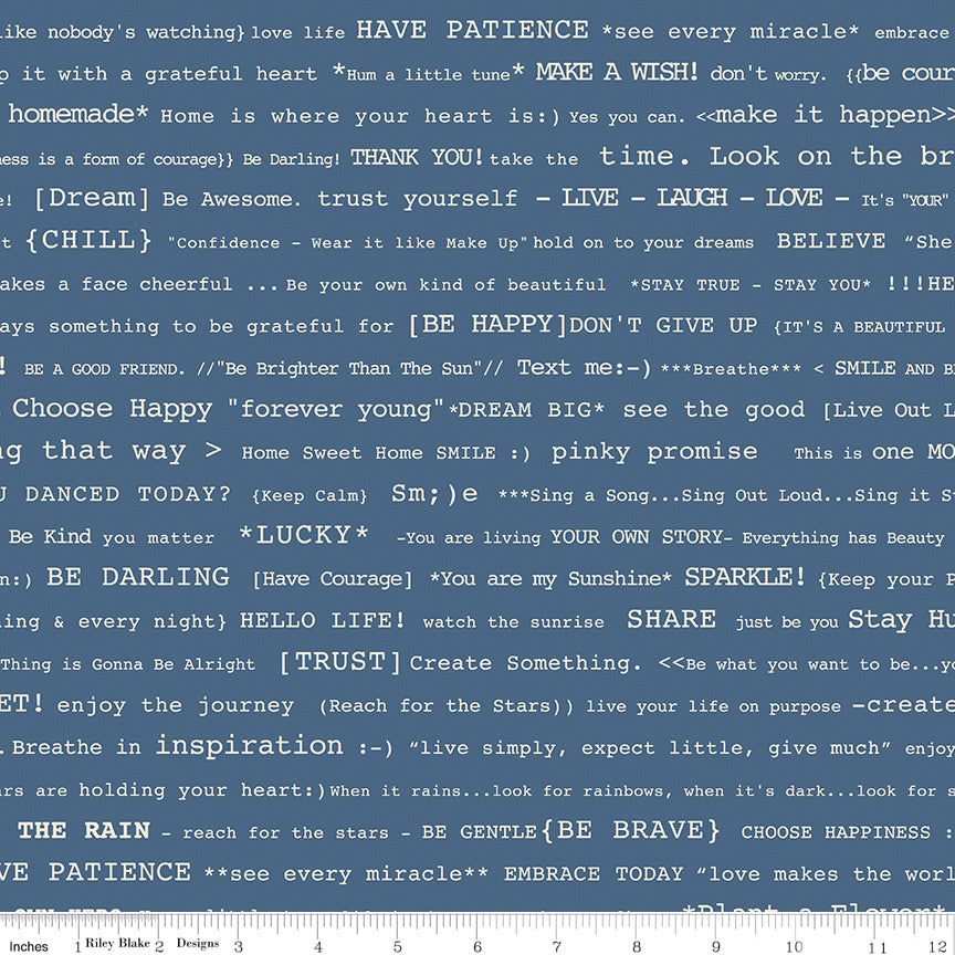 Blue fabric with happy words of affirmation and fun.