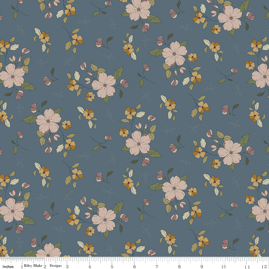 Navy fabric with sprigs of flowers and leaves.