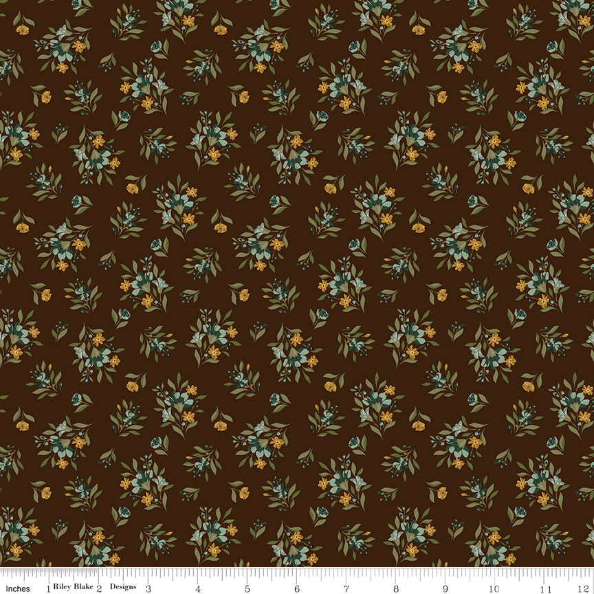 Dark coffee brown quilting cotton fabric with scattered floral bouquets of small blossoms and leaves in sage green, golden yellow, and cream. Worth Repeating by Sandy Gervais for Riley Blake Designs.