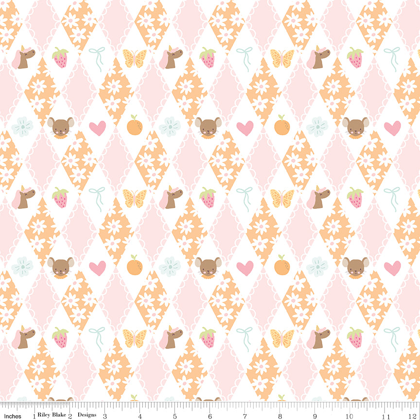 Orange fabric with a diamond grid of daisies, bows, butterflies, hearts and more.