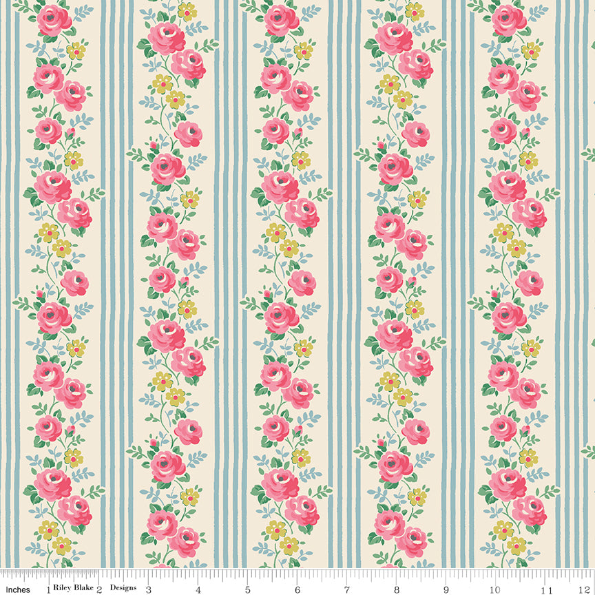 This fabric print features floral stripes on a cream background.