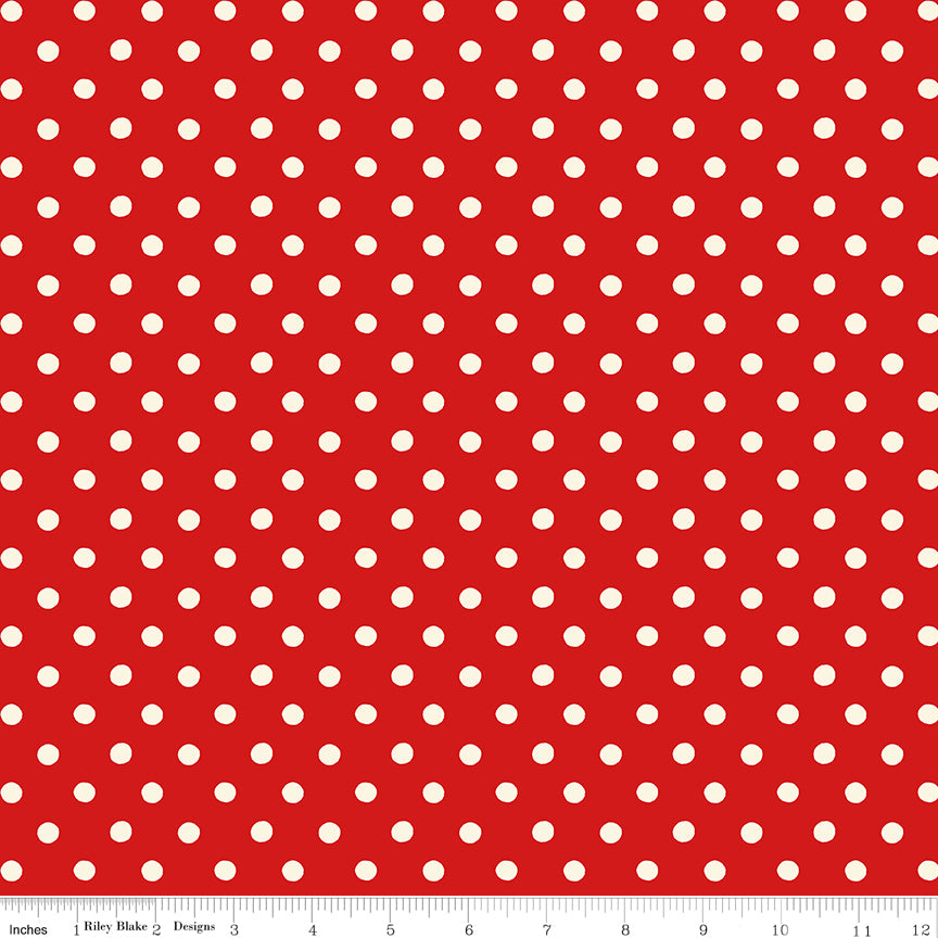 Bright red fabric with white polka dots.
