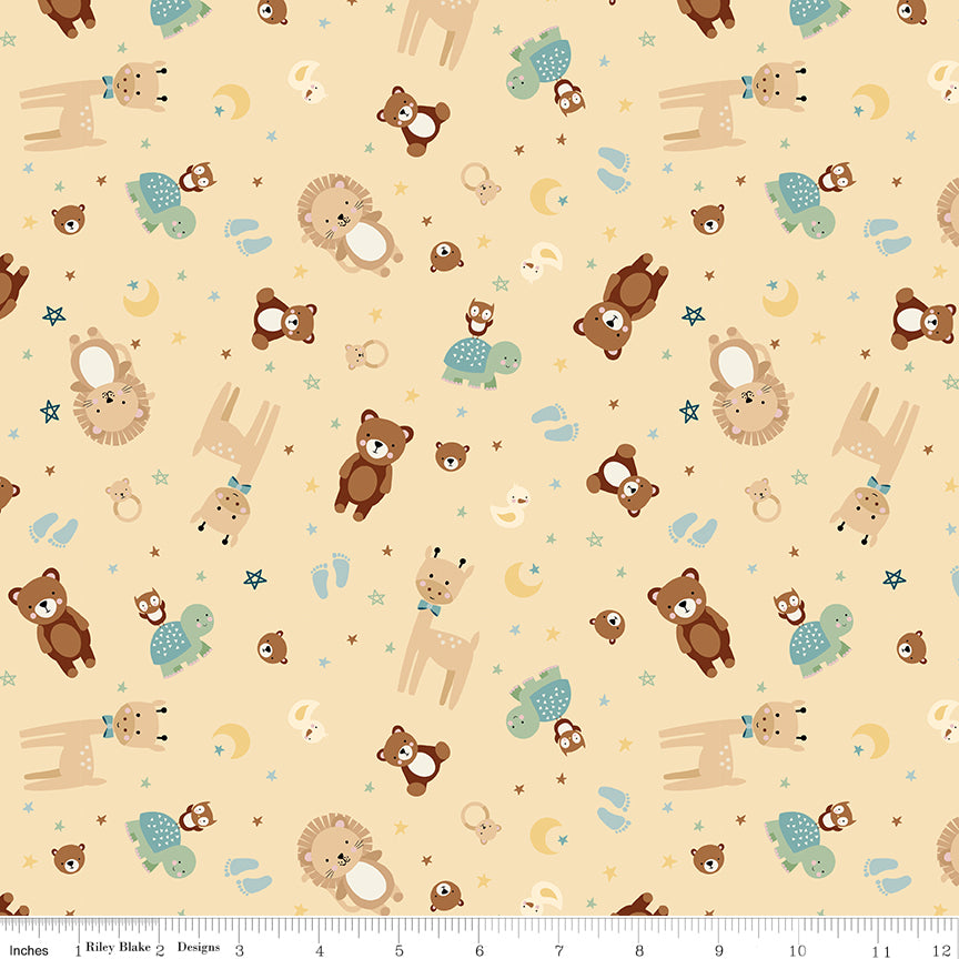 Flannel Baby Boy Animal Toss Yellow by Lori Whitlock for Riley Blake Designs — tossed bears, lions, giraffes, and turtles on yellow cotton flannel, shown with ruler for scale