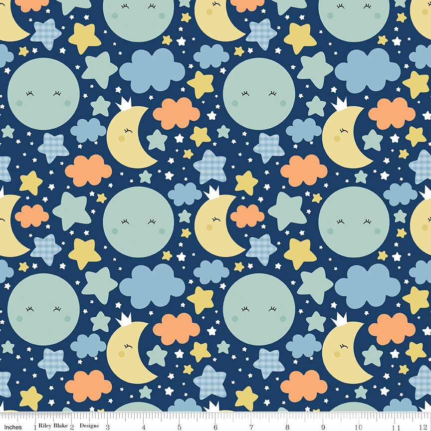 Love You to the Moon Nighttime Navy flannel by Echo Park for Riley Blake Designs — cotton flannel with pastel moons and stars on navy, shown with ruler for scale