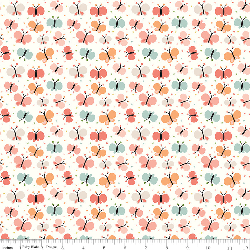 Love You to the Moon Butterflies White flannel by Echo Park for Riley Blake Designs — cotton flannel with butterflies and hearts on white, shown with ruler for scale