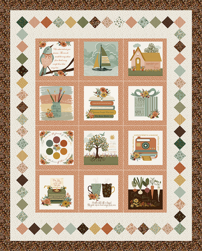 Worth Repeating panel quilt featuring 12 illustrated blocks with inspirational themes — birds, books, garden, sailboat, typewriter, and more — set in a fresco and coffee brown palette with a diamond border. Sandy Gervais for Riley Blake Designs.