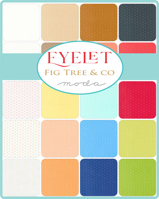 Brightly colored fabric swatches from the Eyelet collection by Fig Tree & Co. for Moda Fabrics