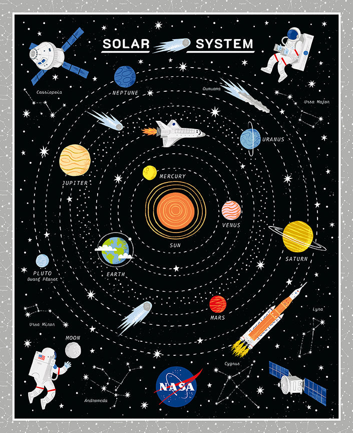 Reach for the Stars NASA fabric collection by Riley Cloward featuring galaxy prints, astronauts, and NASA badge designs