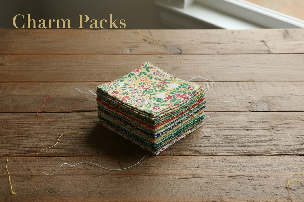 Stacked fabric charm packs with coordinated 5-inch squares for quilting