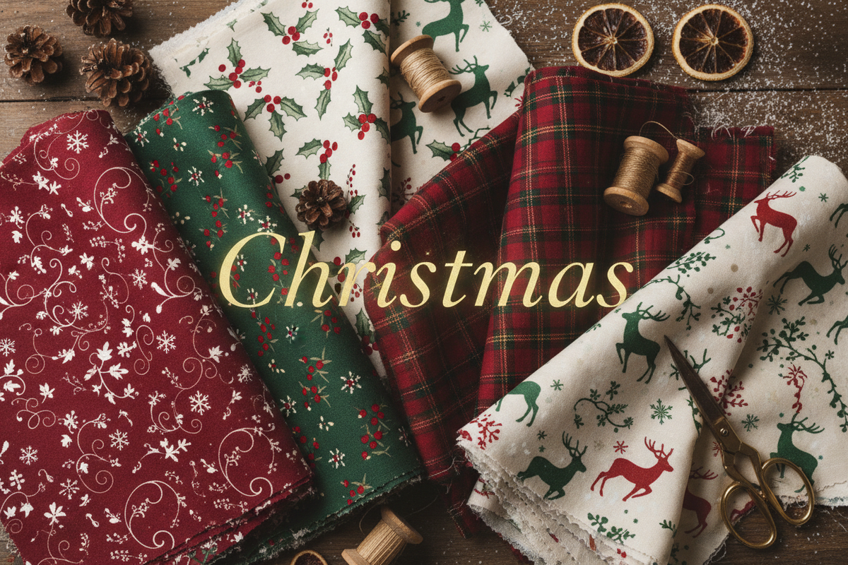 Festive Christmas quilting fabrics with holiday prints, plaids, and winter scenes
