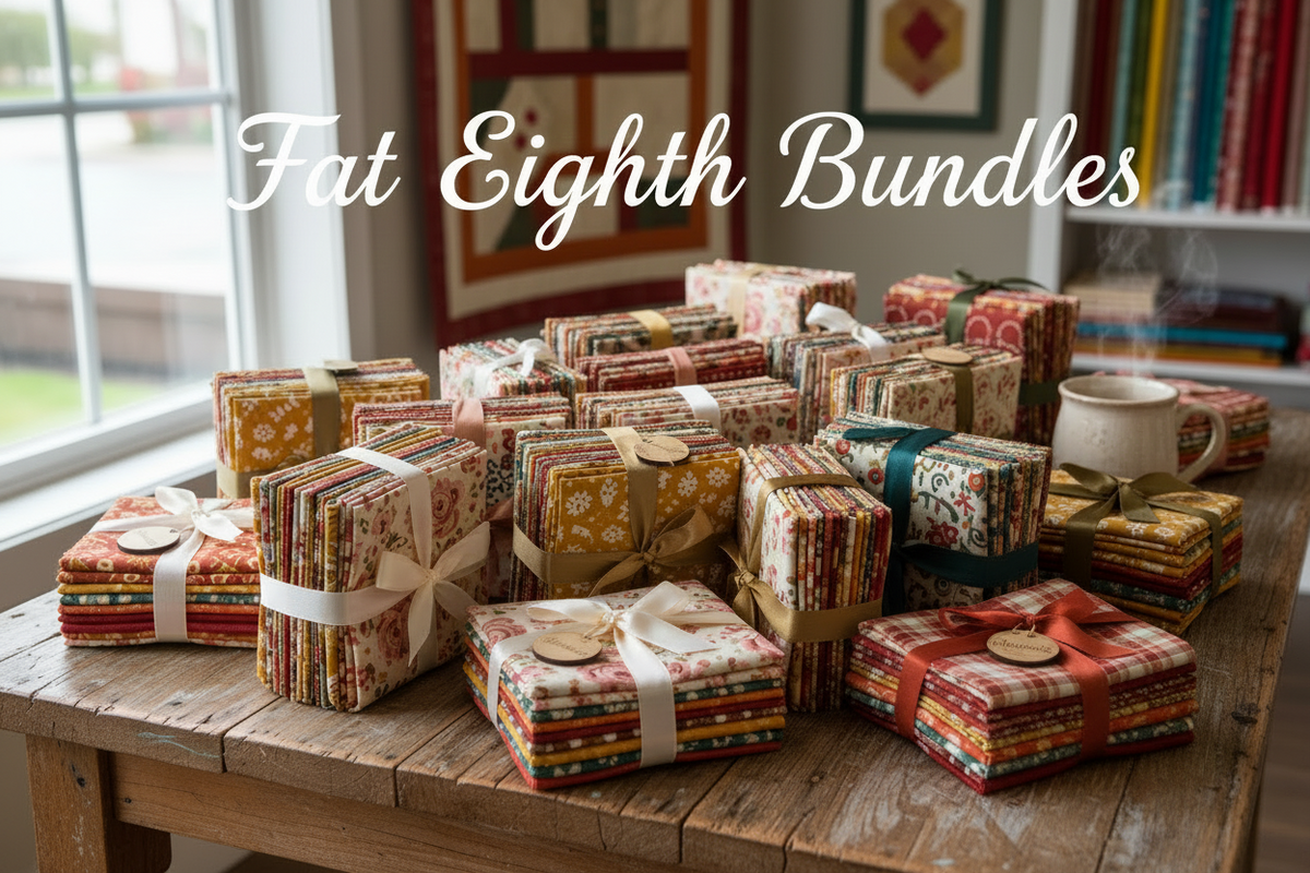 Coordinated fat eighth fabric bundles rolled and stacked in designer colors