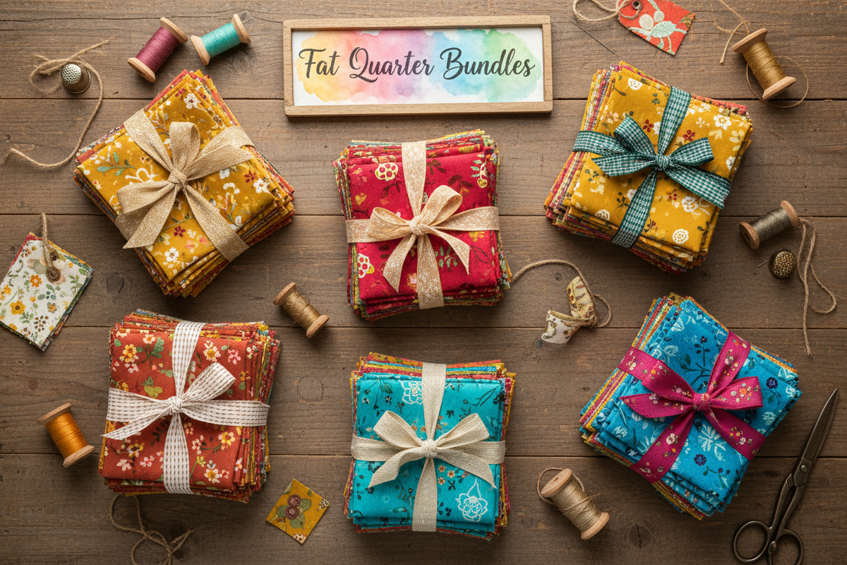Coordinated fat quarter fabric bundles folded and stacked in designer prints and colors