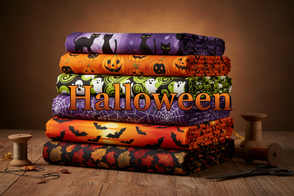 Spooky Halloween quilting fabrics with pumpkins, black cats, and haunted house prints