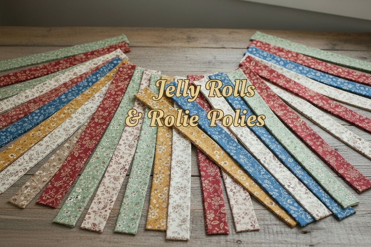 Rolled jelly roll fabric bundles with coordinated 2.5-inch strips in designer prints